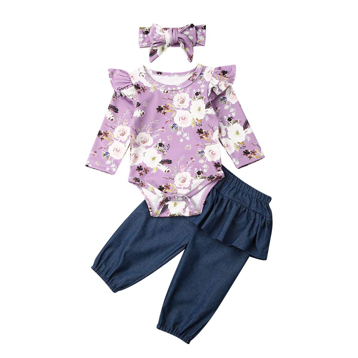 Fall Winter Baby Girl Clothes Long Sleeve Floral Bodysuits Rompers Tops+Ruffles Jeans Denim Pants Outfits Set+Headband (Jeans B, 12-18 Months)