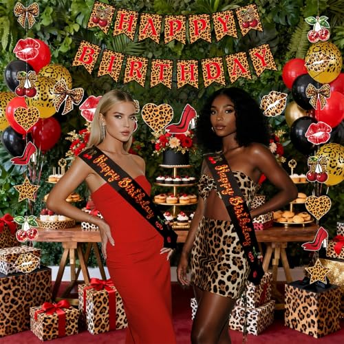 Image of Cheetah Print Birthday Decorations, Leopard Party Decorations Set - Animal Print Happy Birthday Banner, Sash, Hanging Garland & Balloons, Sassy Bday Party Decor for Girls Women