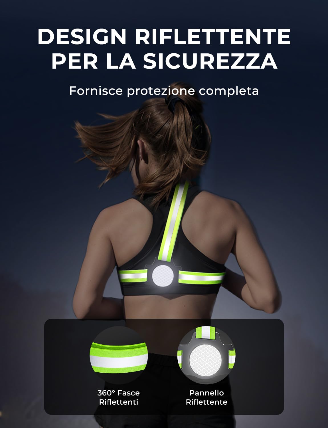 Rolgno Luce Running con Strisce Riflettenti, 500 Lumen Luce per Corsa Notturna Ricaricabile USB, 7 Modalità & 45° Regolabile, IPX4 Impermeabile Luci Running Pettorale per Jogging, Campeggio, Camminate