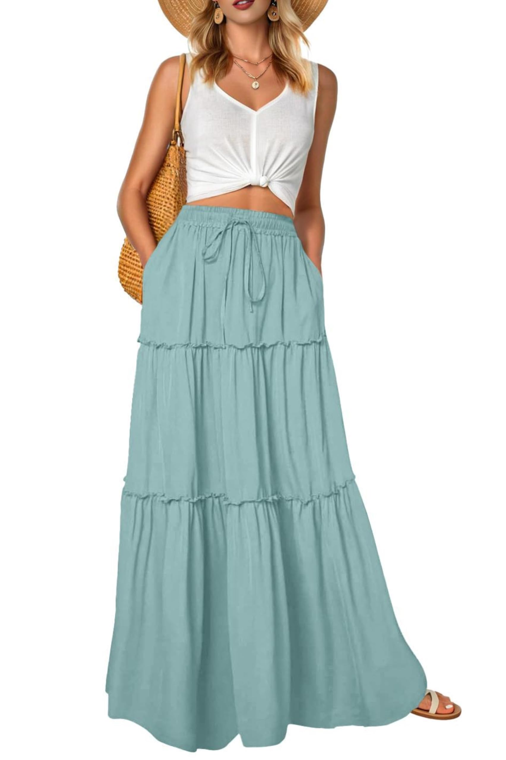 QIXING Damen Maxirock Sommer Boho Blumen Muster Hohe Taille Elastischer Bund Langer Fließender Rock mit Taschen Stufenrock Elegant Luftig