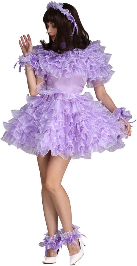 Women Maid Lockable Purple Satin Organza Puffy Dress Uniform Costume - Image 9