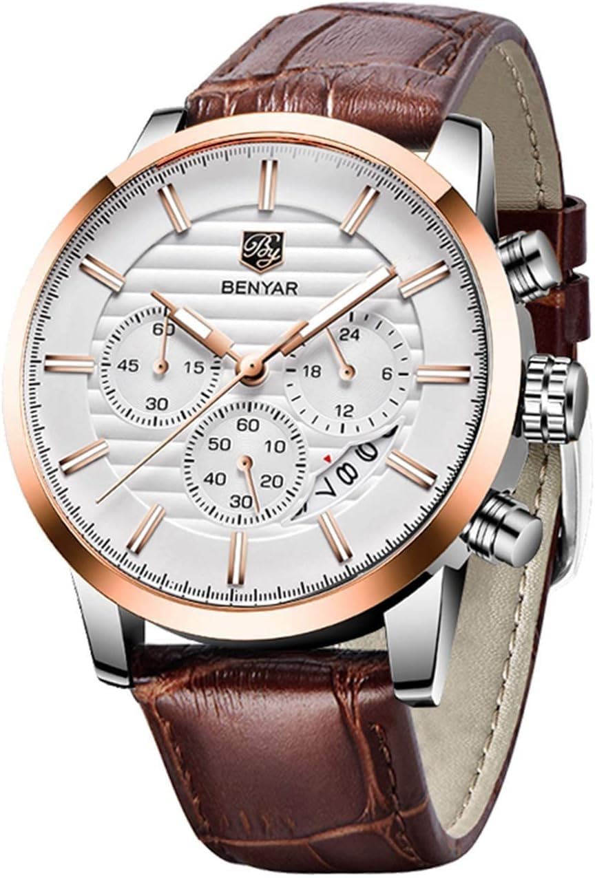 BENYAR Chronograph Business Casual Leather Band Watch For Men, Dial Color-Off-White, Band Color-Brown (B09G1F1NFQ) Amazon Price History, Amazon Price Tracker
