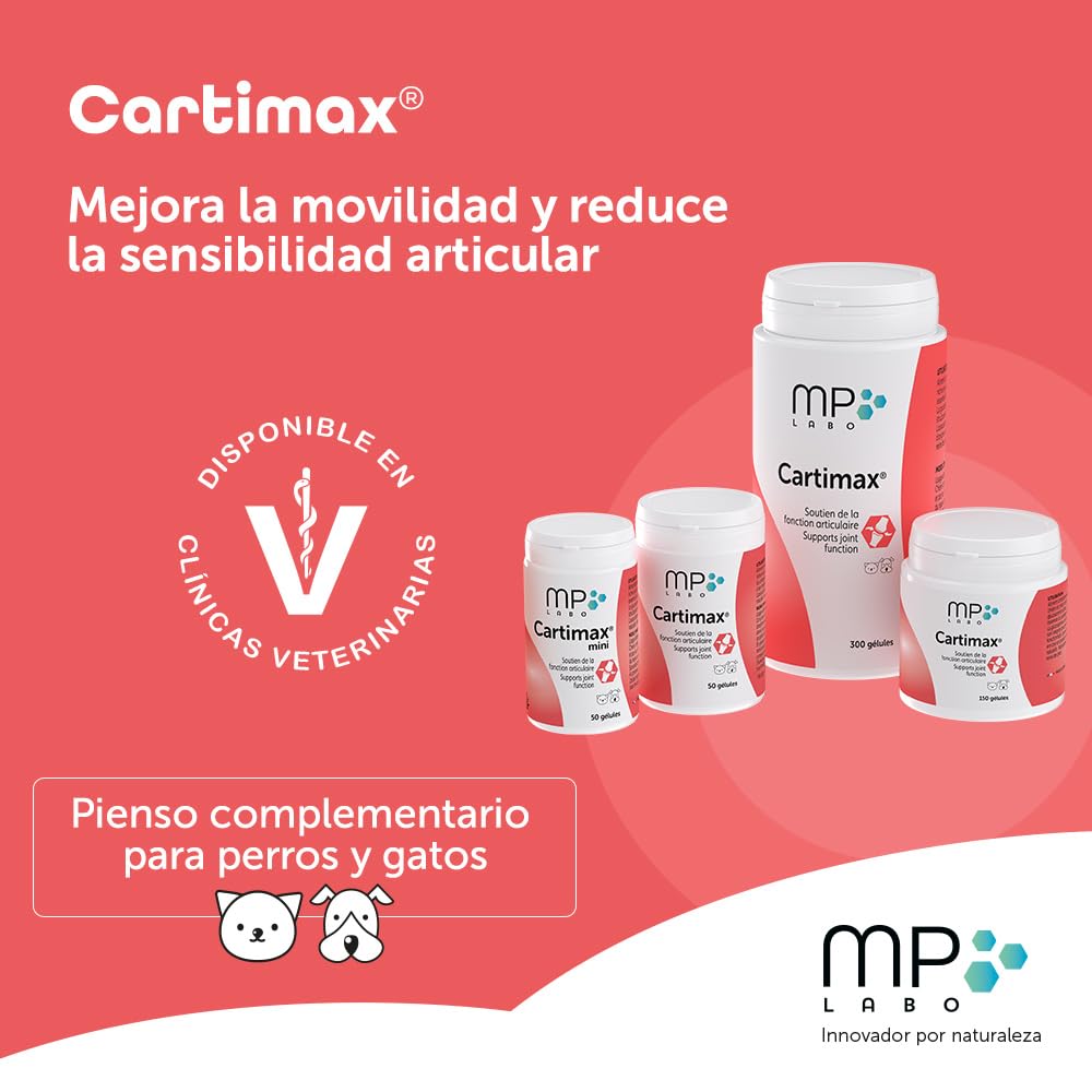 MP Labo Cartimax® - Apoyo de la función Articular para Perros y Gatos - Glucosamina, harpagofito, Reina de los prados, bambú y oligoelementos (250 cápsulas)