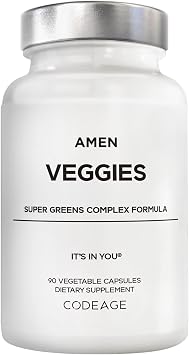 Amen Veggies, Daily Veggies Vitamins Supplement, Vegetables Vegan Blend & Whole-Food Raw Greens Multivitamin Capsules, Mushroom Complex, Superfood, Minerals, Green Vegetable Nutrients, Non-GMO, 90 ct