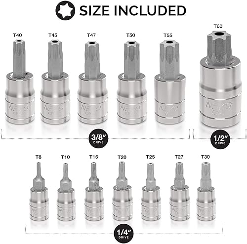 Vista 36 de NEIKO 10080A - Juego de llaves de vaso de 3/8 pulgadas extra largas Torx Star Bit 7 piezas T10 a T40 4-3/8 pulgadas de longitud