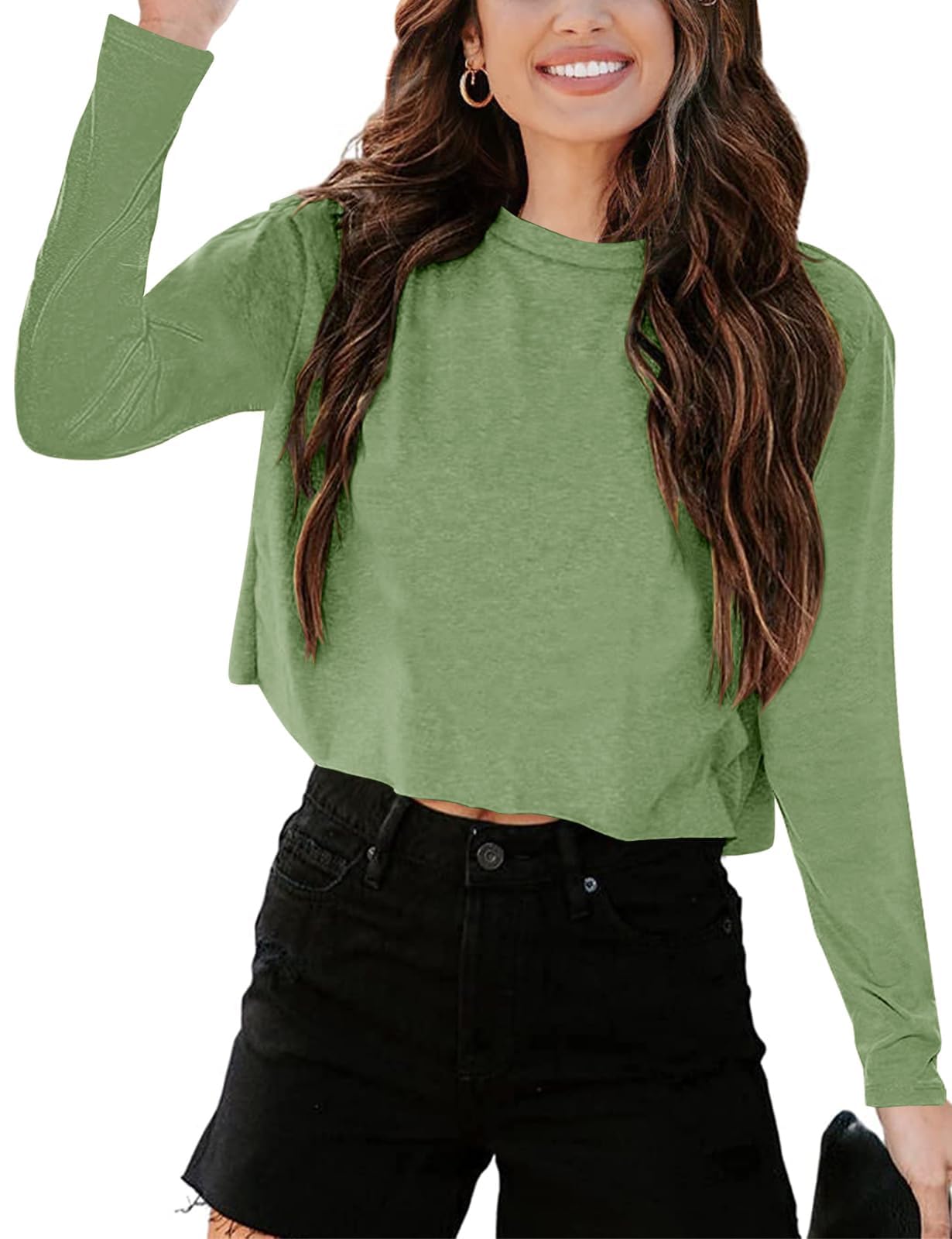 Imily Bela Langarmshirt Damen Cropped T Shirts Casual Loose Rundhals Crop Tops Oberteile Basic Tees Shirts.Armeegrün.M
