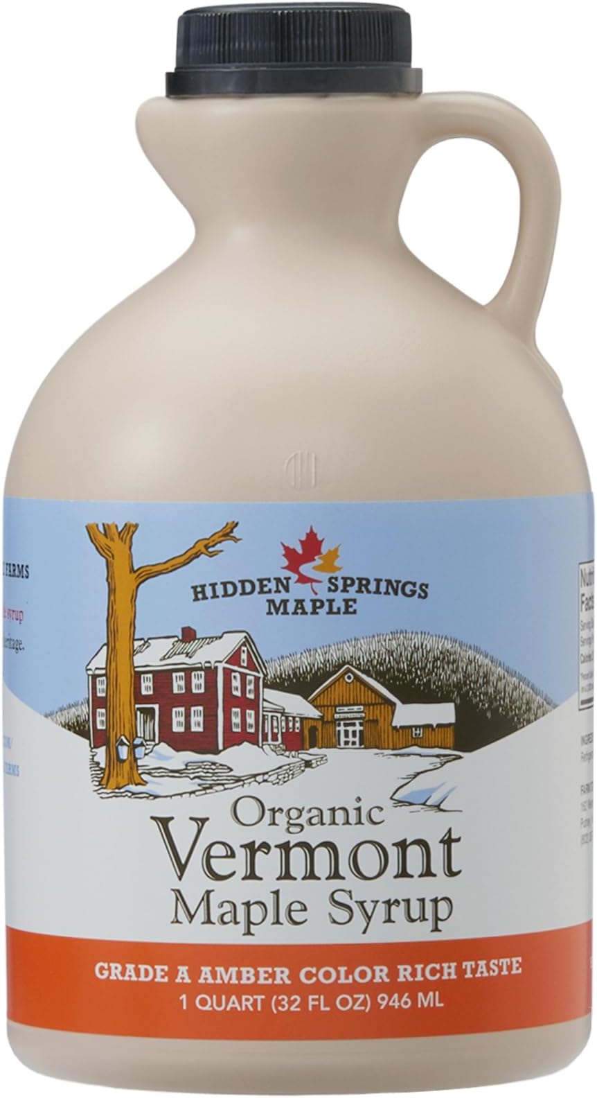 Organic Vermont Maple Syrup, Grade A Amber Rich, 32 Ounce, 1 Quart, Family Farms, BPA-free Jug