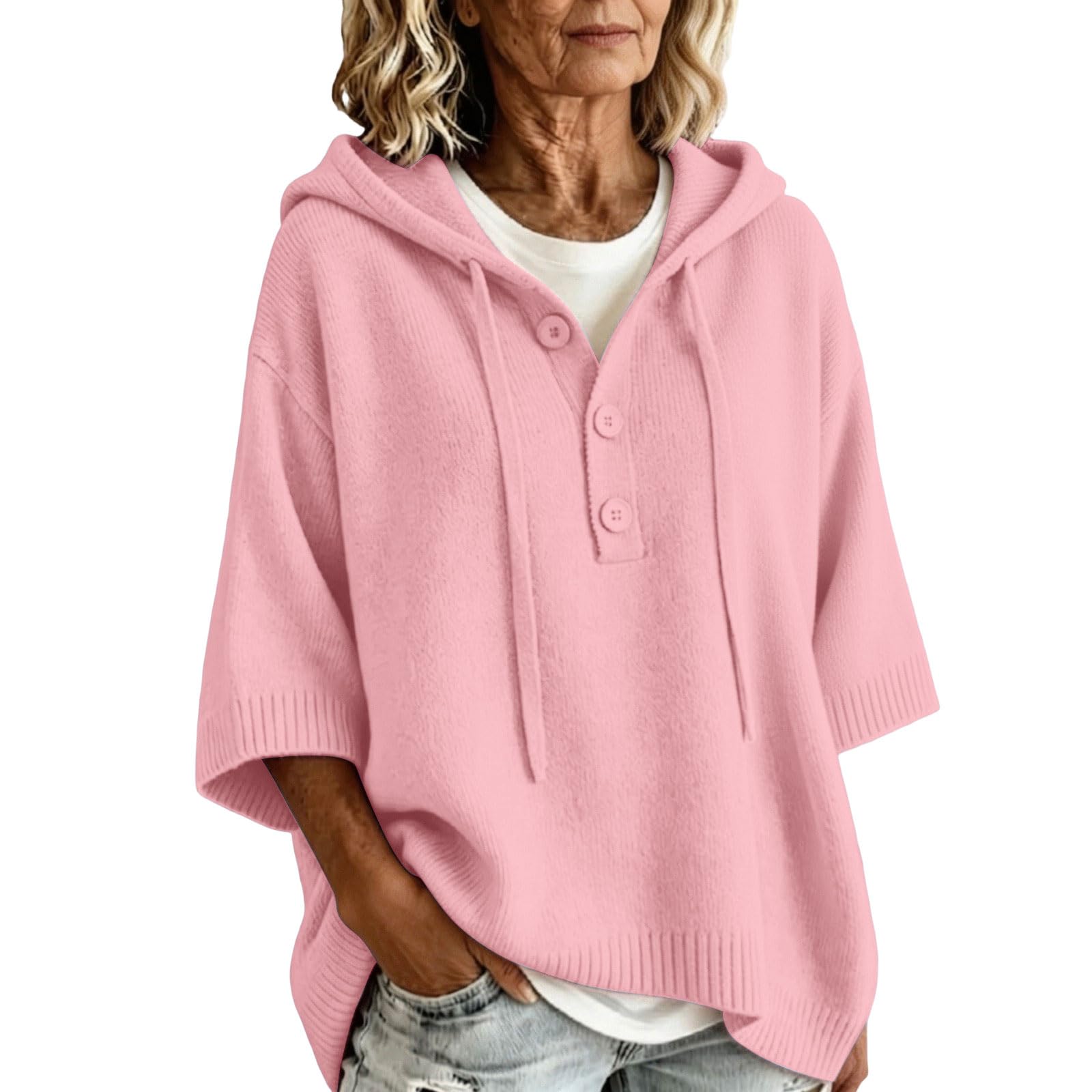 Felpa con Cappuccio da Donna a Maniche a 3/4, Maglia Ampia, Chiusura Mezzo Bottone Felpa con Cappuccio da Donna, Maglia Ampia, Chiusura Mezzo Bottone, vestibilità Oversize, Primavera Pelo