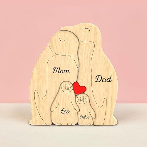 Rompecabezas familiar de pingüinos de madera personalizado, rompecabezas de arte de madera con nombre personalizado con 1-5 apellidos, decoración
