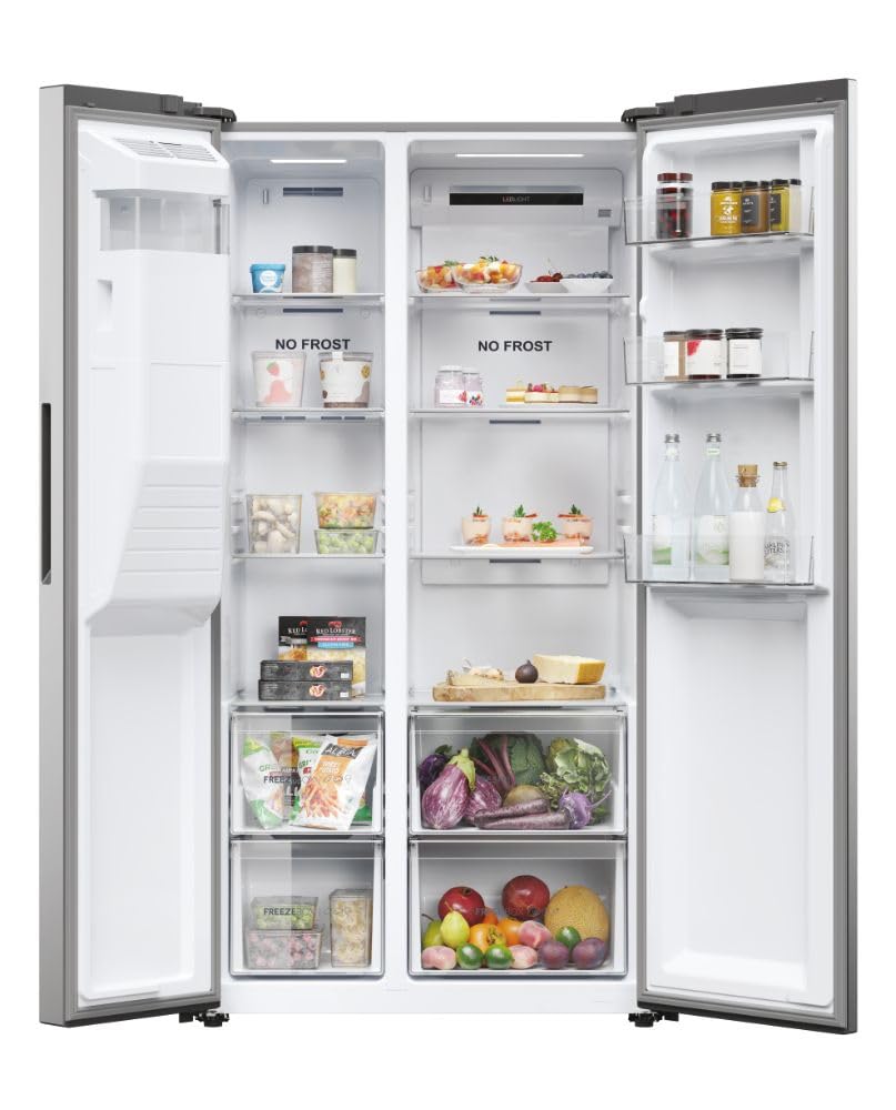 Haier SBS 90 SERIE 5 HSR5918DIMP Kühl-Gefrierkombination / Edelstahl-Front / Wasser- und Eiswürfelspender / Festwasseranschluß / Multi Airflow /Total No Frost / Sparsam: Energieeffizienzklasse D | Klasse D, Inverter-Motor, Multi Air Flow, Wasser- und Eiss