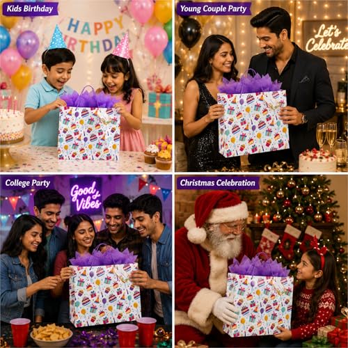 Image of Birthday Gift Bags Large - Paper Bags for Return Gifts - Pack of 5 | Large Carry Bags for Gifts | Return Gift Bags for Kids Birthday Party | Paper Bags for Gifting | 14 x 10.5 x 4 Inch | Bag with Tissue, Tag & Banner