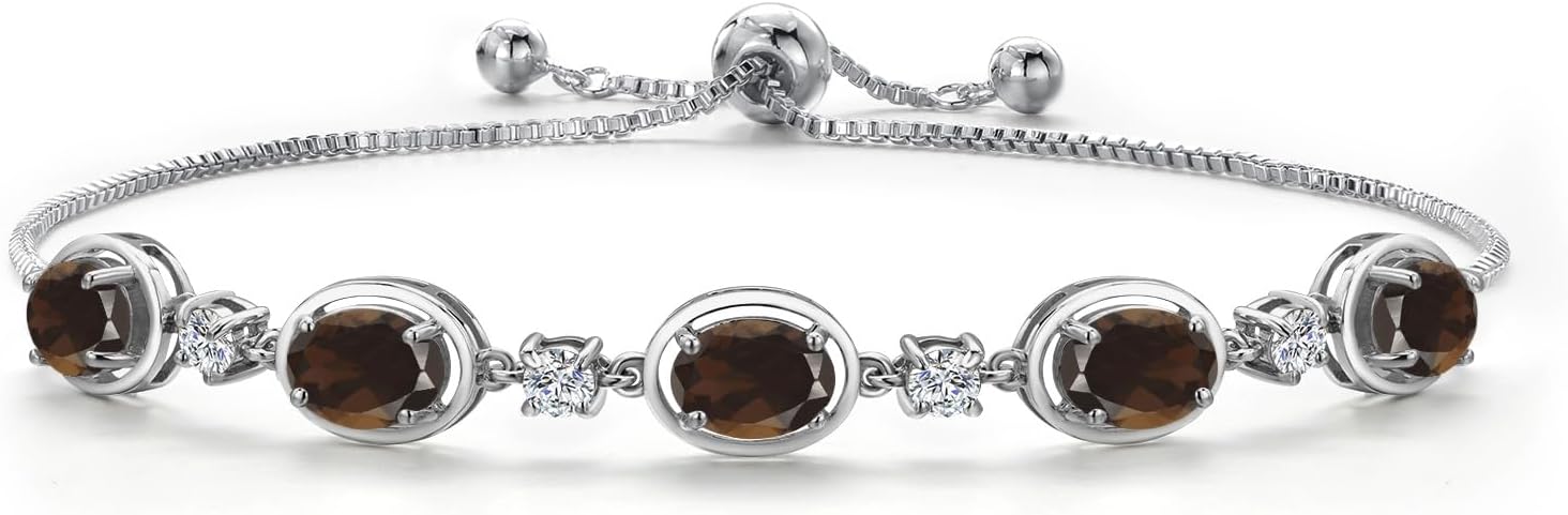 Gem Stone King 3.75 Cttw Brown Smoky Quartz Bracelet For Women | 925 Sterling Silver | Gemstone Birthstone | Oval 7X5MM | Adjustable Bolo Bracelet For Women | Easy-On Easy-Off