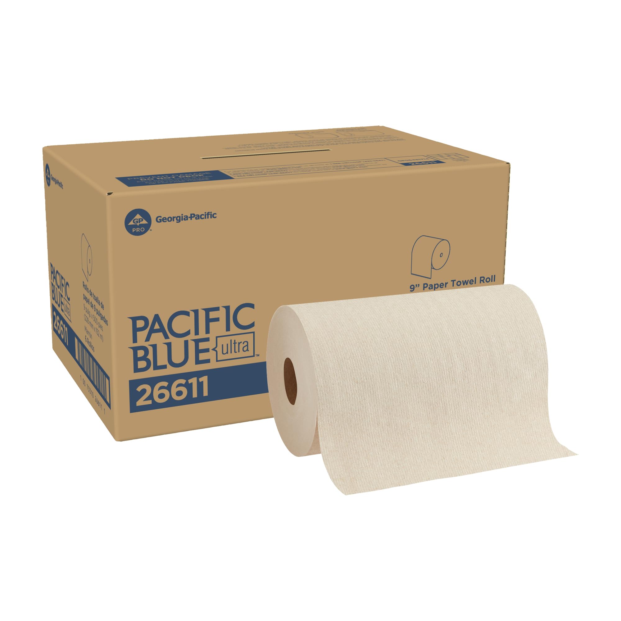 Georgia-Pacific Pacific Blue Ultra 9" Paper Towel Roll by GP PRO (Georgia-Pacific), Brown, 26611, 500 Feet Per Roll, 6 Rolls Per Case