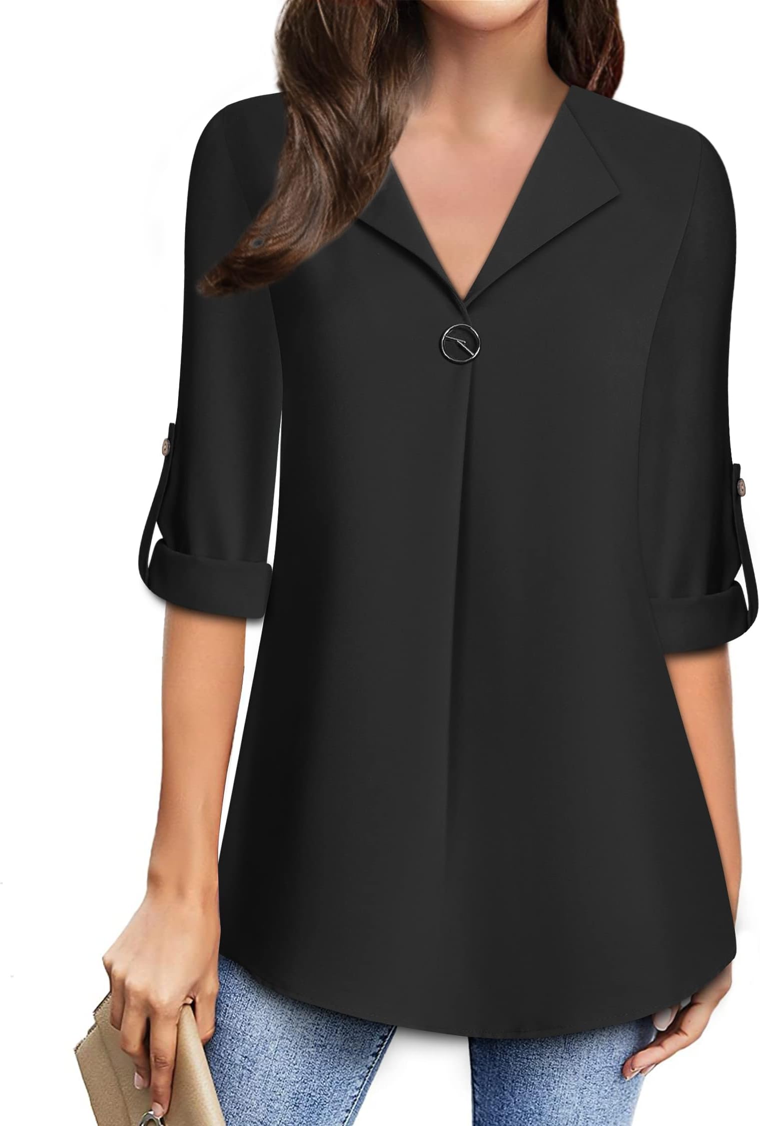 MOQIVGIWomens Roll Up 3/4 Sleeve Chiffon Blouses Trendy Dressy Work Casual V Neck Tops