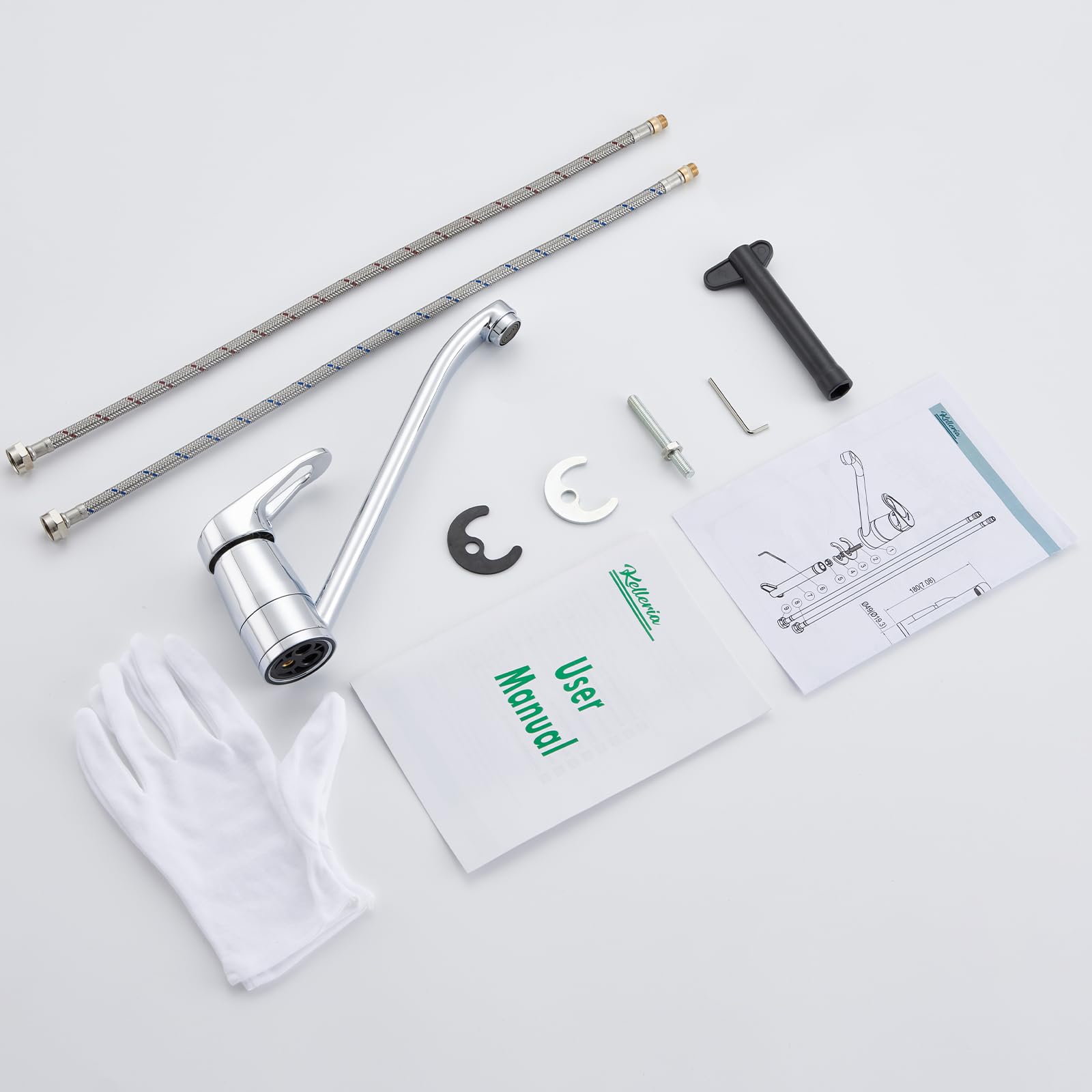 Grifo de Cocina 360° Giratorio, Grifo de Alta Presión con Cartucho Cerámico, Mezclador Monomando para Fregadero, Fácil Instalación y Mangueras de Agua Caliente/Fría de 50 cm, Cromo