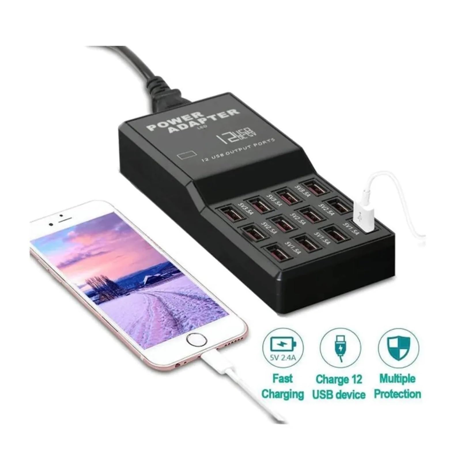 Rapide Chargeur, Station de Chargeur Hub Multi-Ports 60WUSB, 12 Ports, Chargeur Mural Intelligent, Station de Charge Rapide,Chargeur USB Voyage/Haute Vitesse