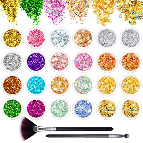 24 Colores Juego de Purpurinas Polvo con Glitter Acrilico y Papel de Oro Brillo Decoraciones Brillantes Uñas con Cepillo de Uñas para Cara Nail Art Cabello Cuerpo
