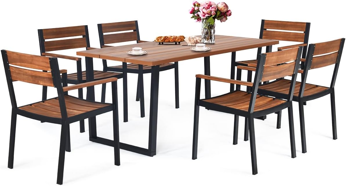ORALNER 7 Pieces Patio Dining Set, Steel Outdoor Furniture Set w/ 2.16¡± Umbrella Hole & Acacia Wood Top, 6 x Chairs & Large Rectangle Dining Table for Balcony, Deck, Backyard, Garden, Poolside