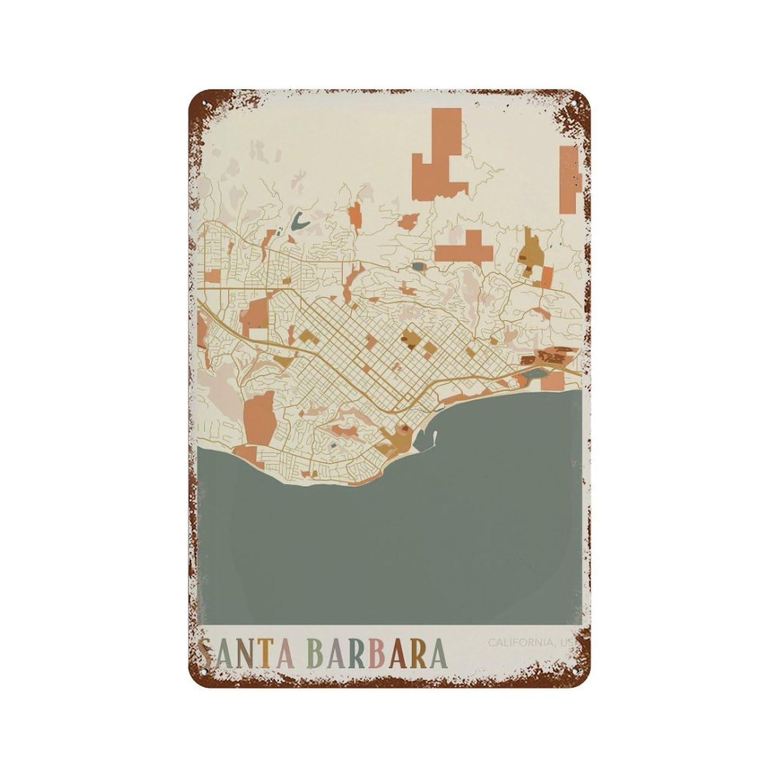 xiaoxiaoshen Santa Barbara Map California Travel Gift Boho Wall Decor Art Metal Tin Poster Modern Home Decor Art Home Bar Shop Decorations Vintage Sign 30x20cm