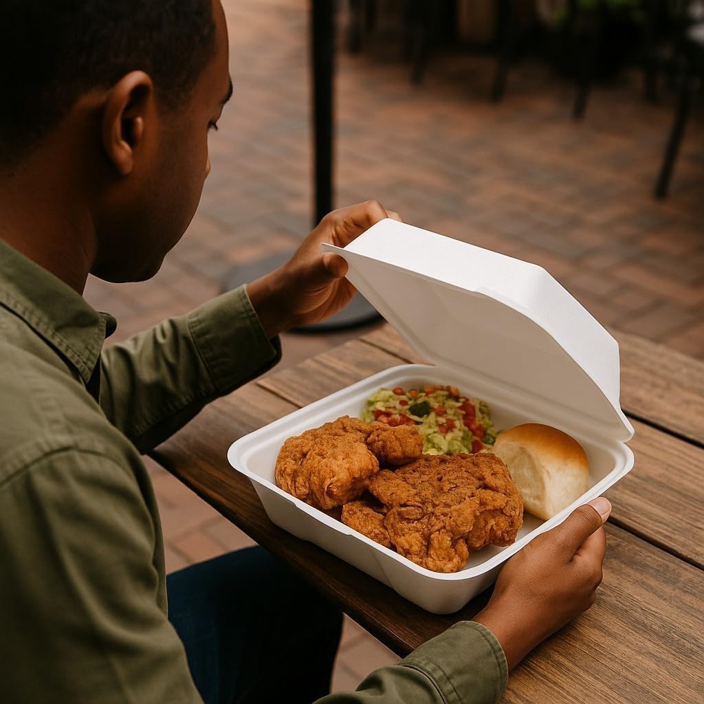 9-Inch Foam Food Container, 3-Compartment Disposable Plates with U-Vent Style Lids, 100-Pack, Takeout Food Boxes for Meal Prep, Restaurant, Catering, To-Go Containers