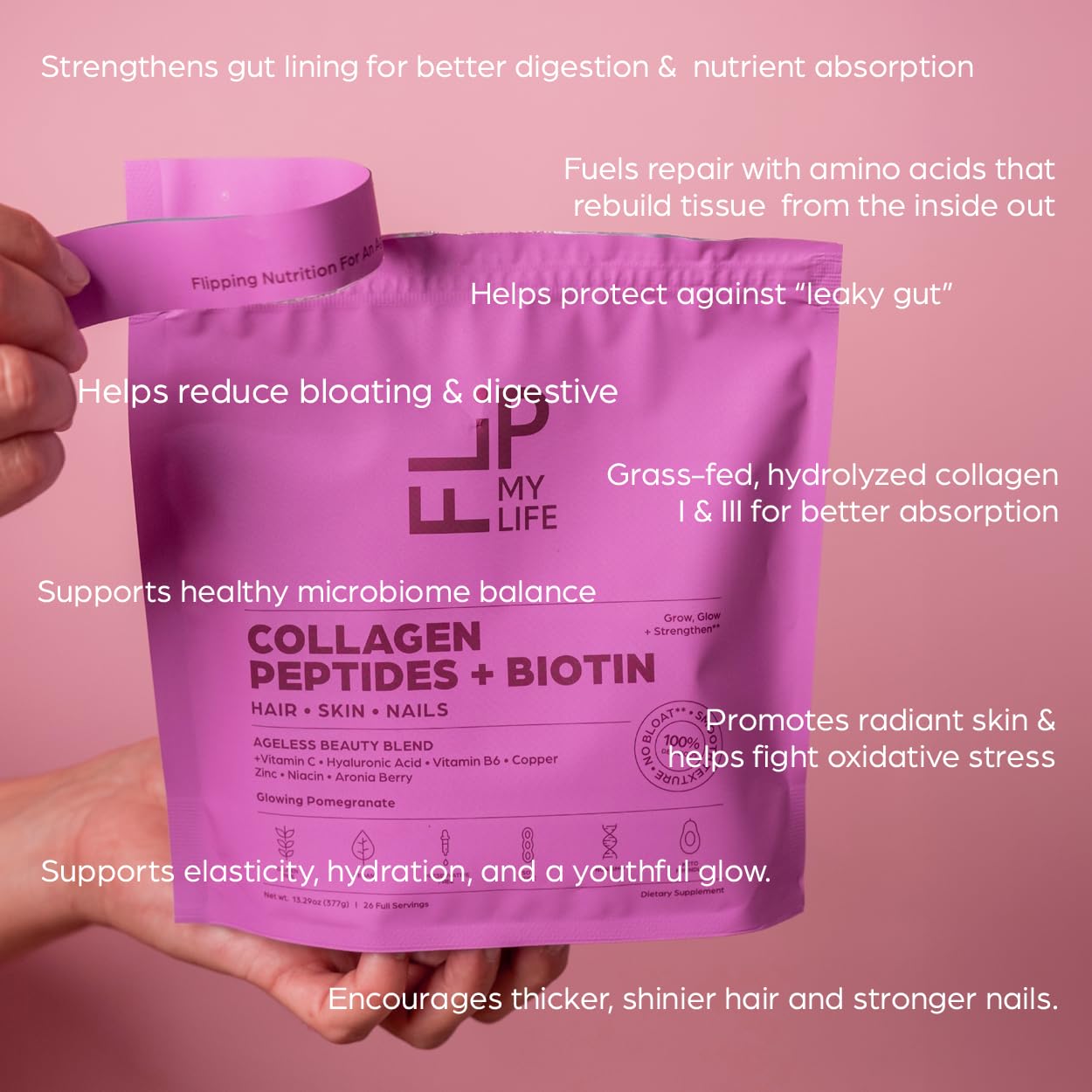 Flip My Life Collagen Peptides + Biotin, Hyaluronic Acid & Vitamin C - For Hair, Skin, Nails - Gut Health/Joint Support - Ageless Beauty Blend Supplement Powder for Men/Women - 9g Protein—26 Servings