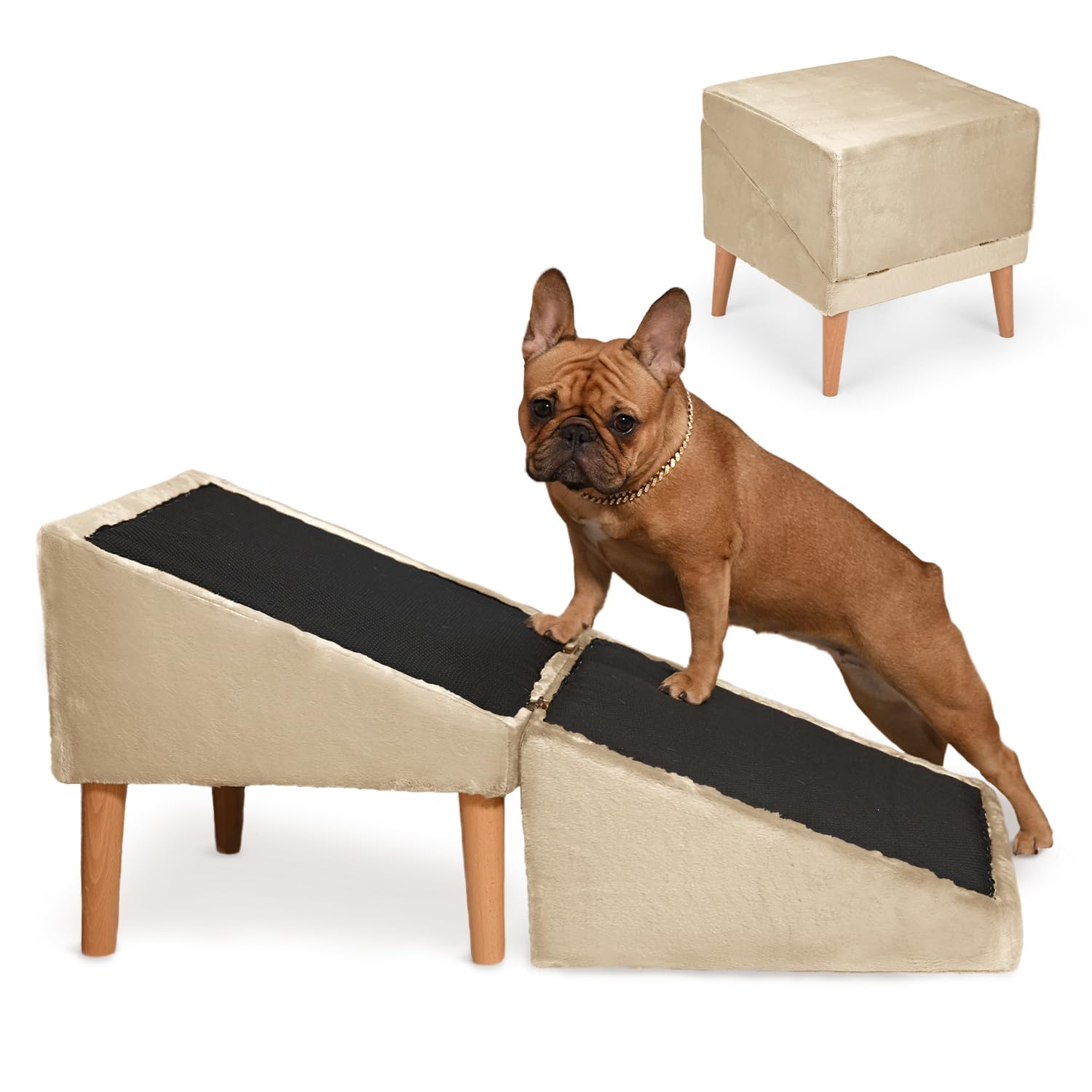 VELORA H&L Rampe pour Chien Beige - 2 en 1 Pouf et Rampe pour Chien, Escalier Pliable, Structure en Bois Robuste, Revêtement en Velours, Surface Antidérapante pour Chiens et Chats