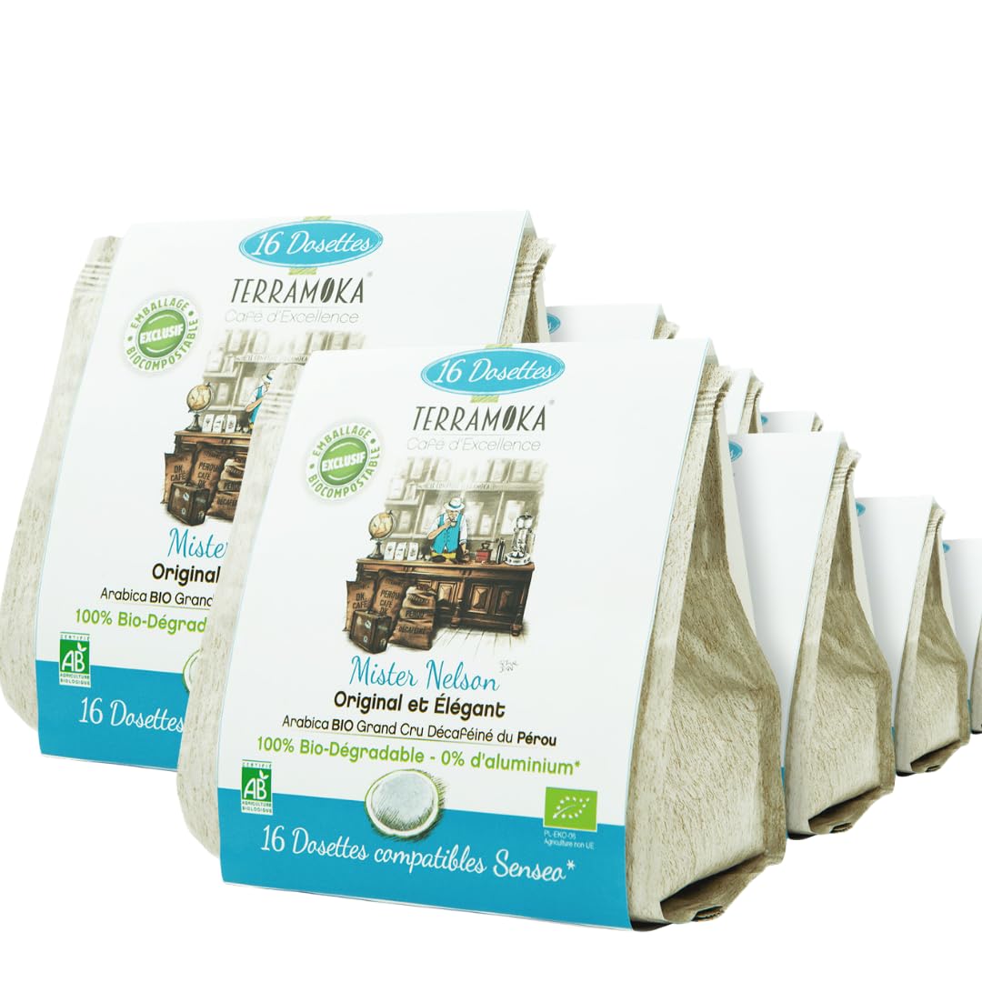 TERRAMOKA - 160 Dosettes Décaféiné Bio d’excellence Compatibles avec Senseo (10 * 16) - 100% Pur Arabica du Pérou - Café Fruité et Nuancé - Sachet 100% Recyclable - Mister Nelson - Torréfié en France