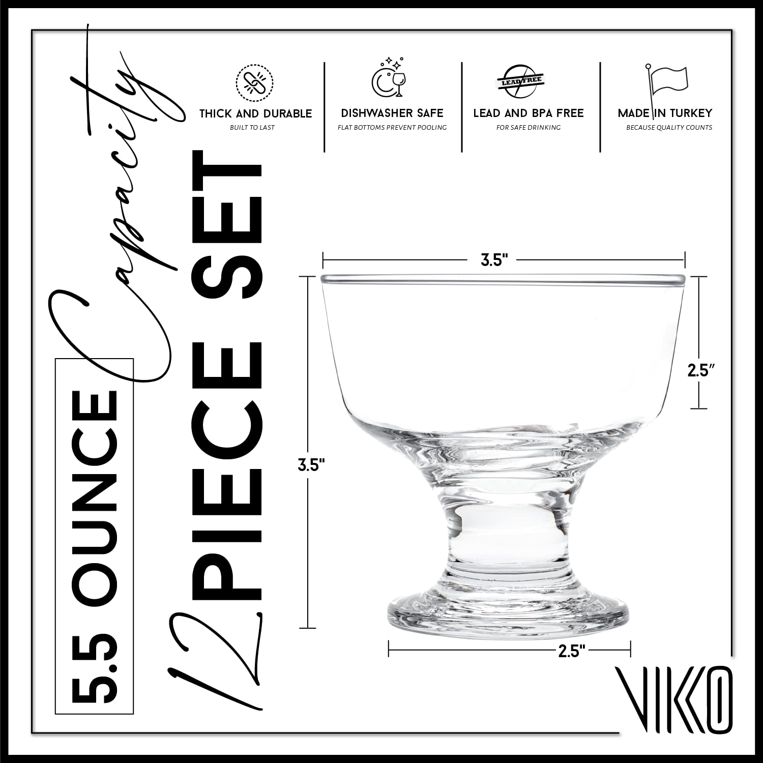 Vikko 8 oz Footed Ice Cream Cups | Klassieke Sundae-stijl glazen bekers - dik en duurzaam - voor ijscoupes, milkshakes, ijs, desserts en meer - Set van 6 dessertglazen - 3,8 x 5