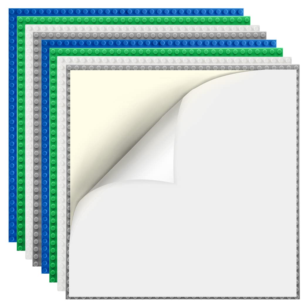 8 Pack Peel-and-Stick Building Baseplates, 10”x10” Classic Self-Adhesive Boards - 100% Compatible with All Major Brands, Sturdy Stacking Play Table Top, Green/Grey/Blue/White