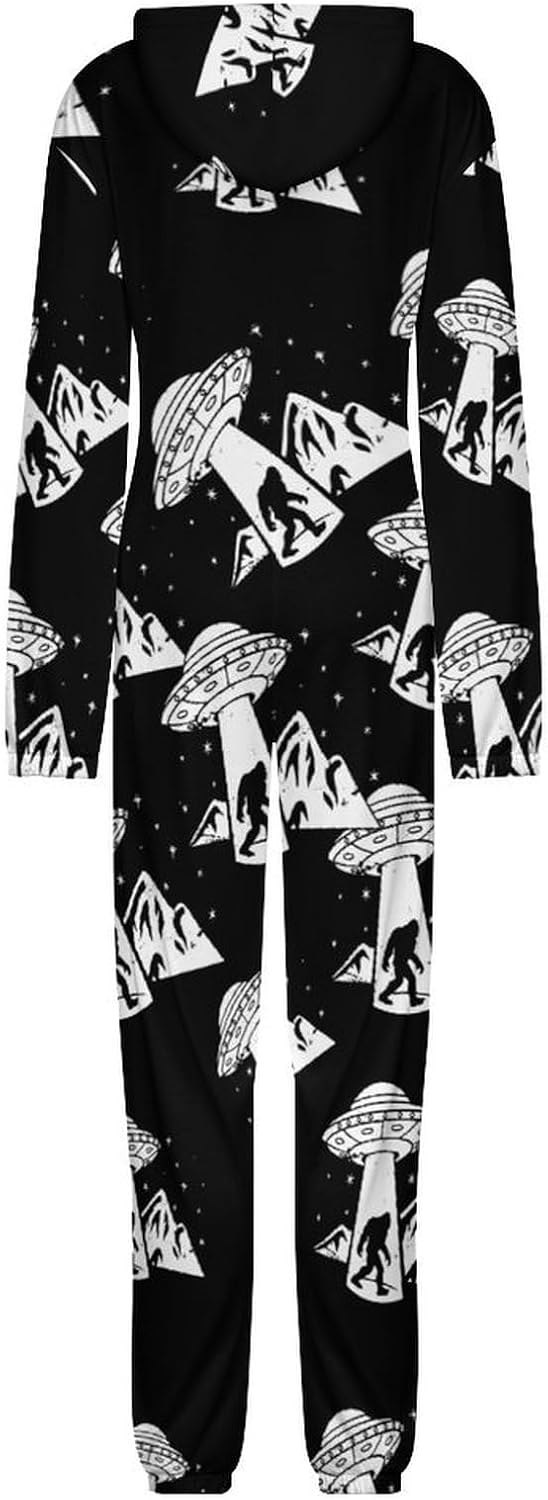 Bigfoot Spaceship Aliens Adult Pajamas Onesie with Hood Pocket Jumpsuits One Piece Sleepwear