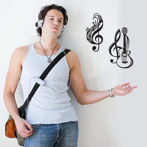 Miniatura 5 de Jarrón de metal con notas musicales para pared, decoración colgante para sala de estar, cocina, dormitorio (notas musicales de guitarra, paquete de