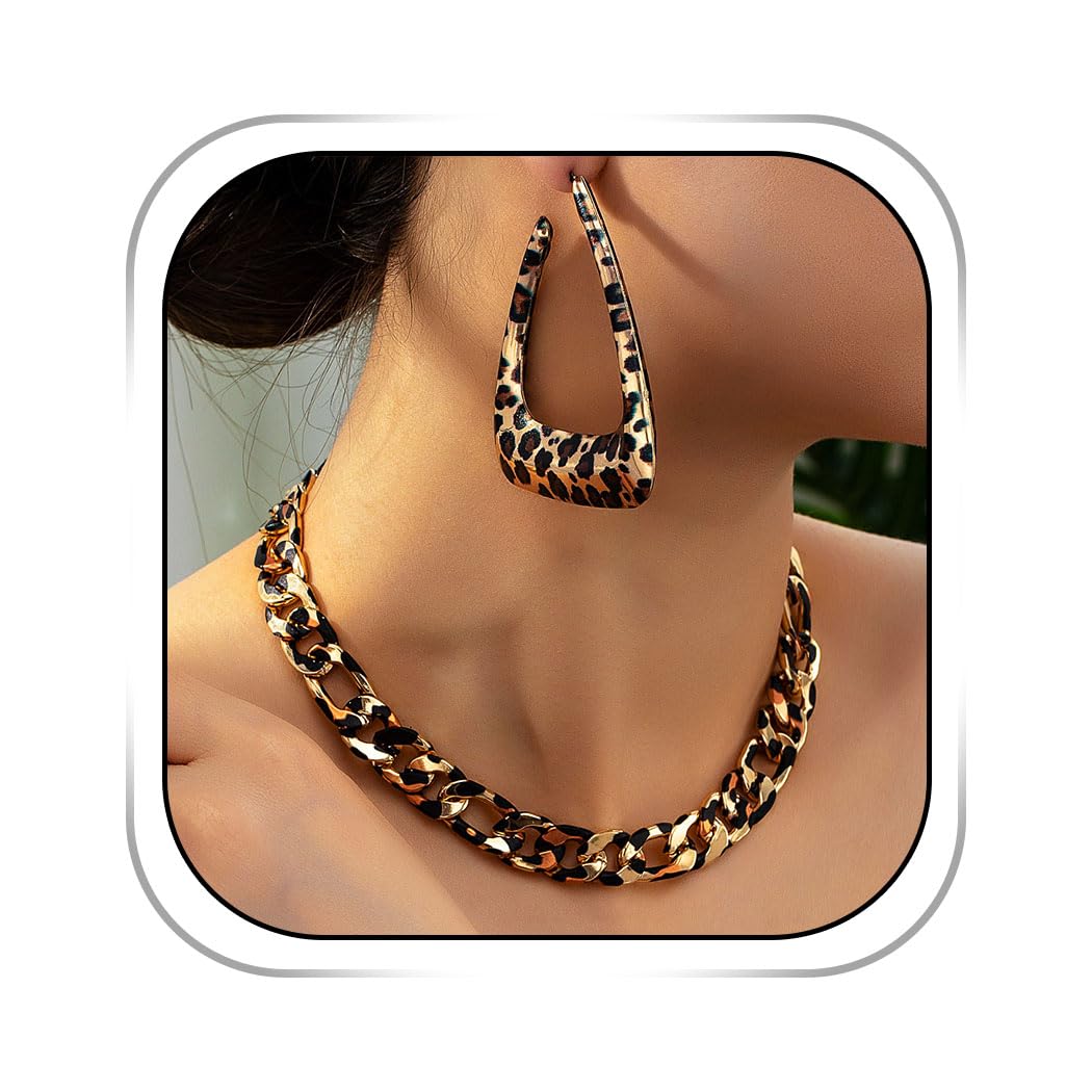 Dmaiy Gold Leopard Print Necklace & Earrings Set - Women's Modern Bohemian Jewelry for Casual Wear & Gifting