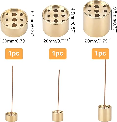 Miniatura 2 de AHANDMAKER Quemador de incienso de latón dorado claro, 3 piezas, soporte cilíndrico, quemador de incienso redondo plano, quemador de cono de
