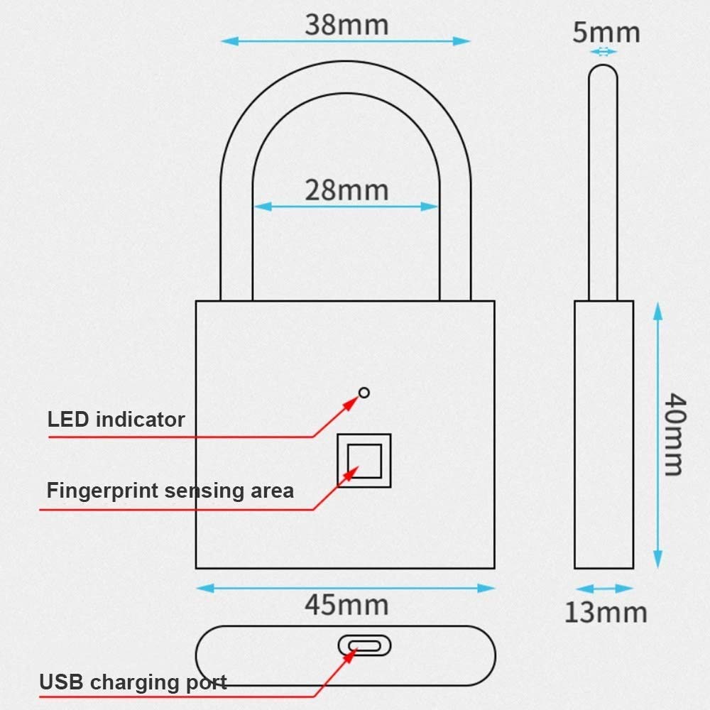 Candado sin llave con huella dactilar, Huella Digital Pa Cerradura Sin Llave Carga USB 10 Huellas Dactilares