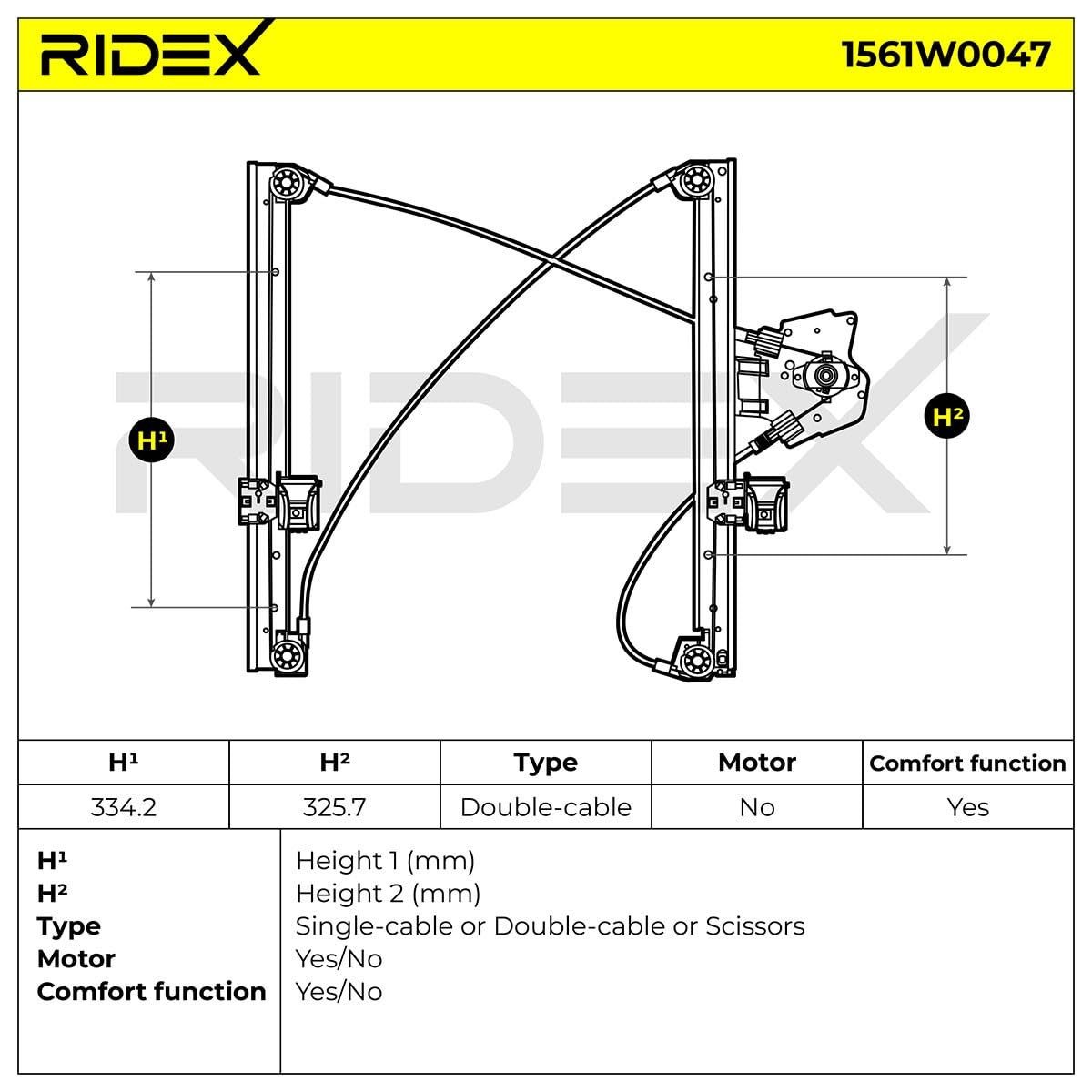 RIDEX 1561W0047 Alzacristallo elettrico Anteriore Destra senza motore elettrico Compatibilità con VW Lupo 6X1, 6E1