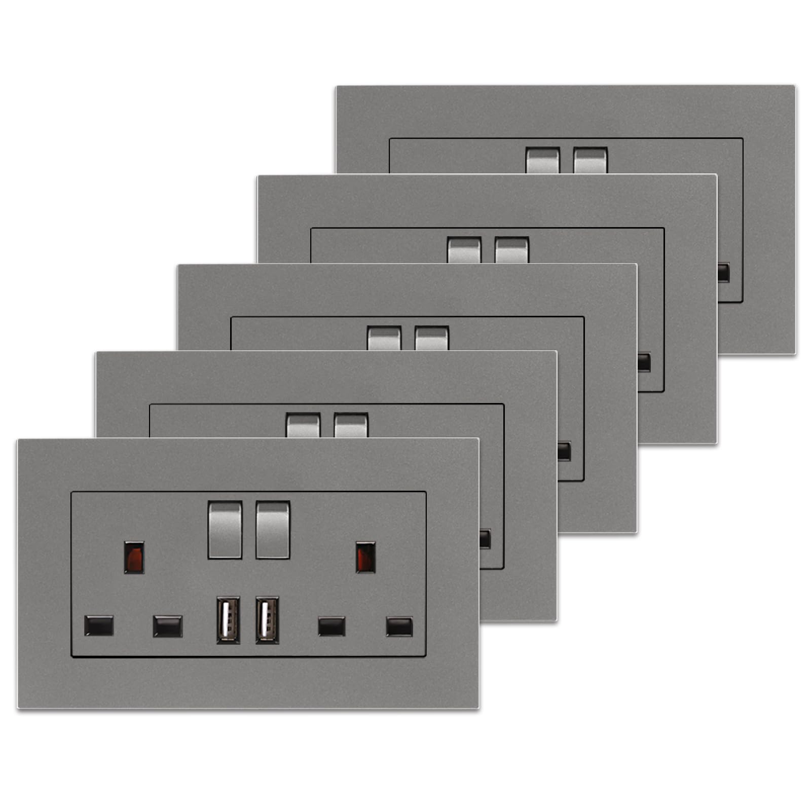5 Pack CNBINGO Double Switched Socket with 2 USB Charging Ports, 2 Gang 13 Amp Electric Power Socket, Grey PC Plate Wall Outlet