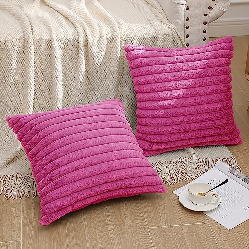 Pallene Faux Fur Plush Throw Pillow Covers 16x16 Set of 2, Luxury Soft Fluffy Striped Decorative Pillow Covers for Sofa, Couch, Living Room, Hot Pink