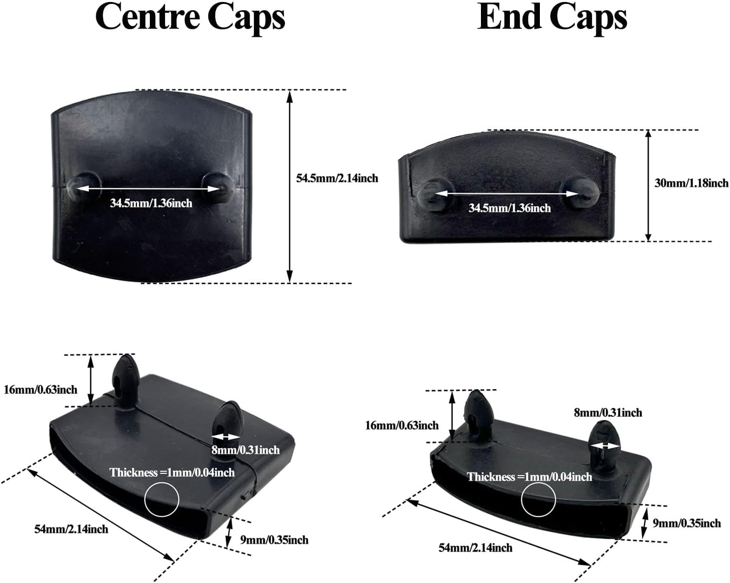 Detailed diagram showing dimensions of both Centre Caps and End Caps, including width, height, and pin distance.