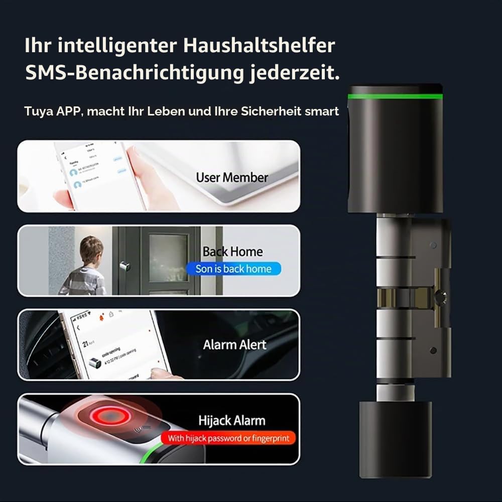NEWFUN Türschloss mit Fingerabdruck,Fingerabdruck Schloss Haustür,Smart Home Türschloss,Mit Schlüssel, Schlüsselkarte, Bluetooth APP für Türschloss, wasserdicht, Fingerabdruckschloss für 35-45mm Tür