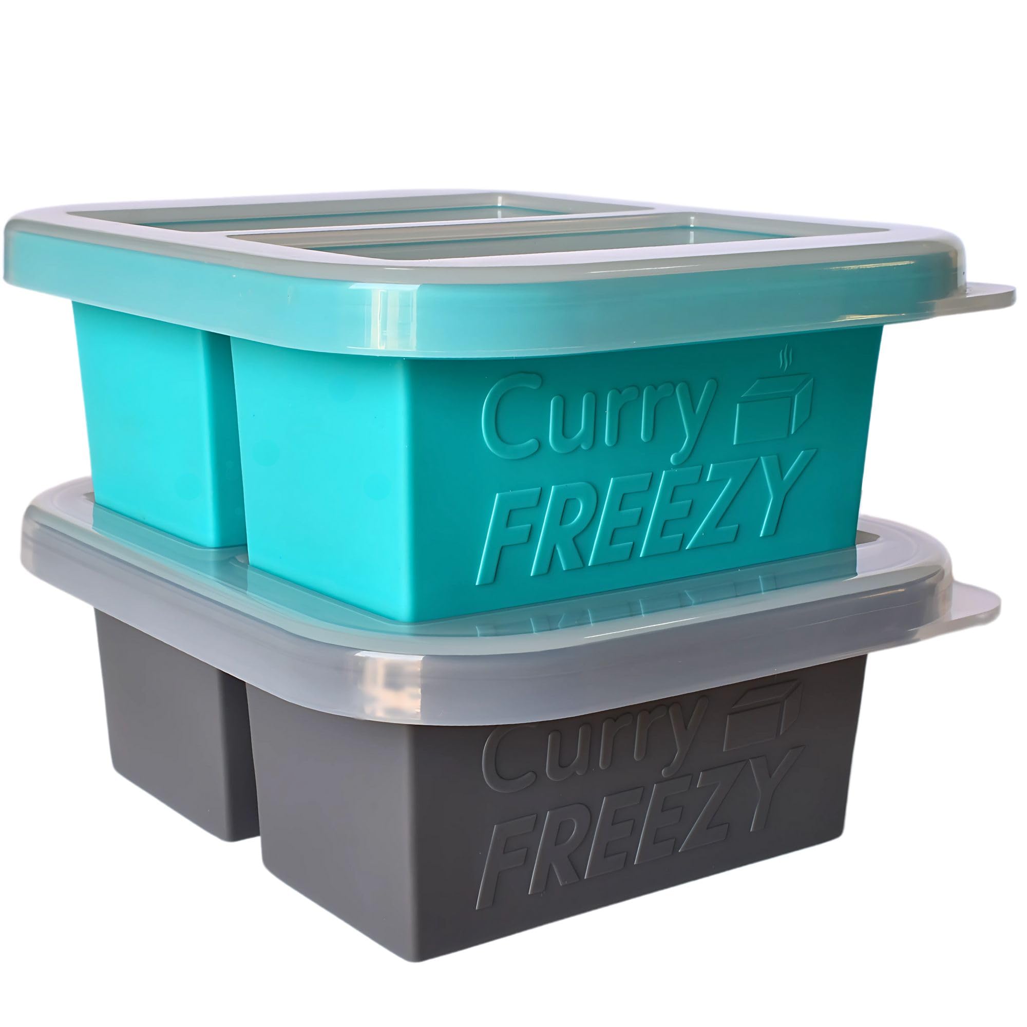 Curry Freezy Grayblue 1Cup Silicone Freezer Tray With Stackable Lid (2-Pack)- Compact 2 Cavity Soup Cube Freezing Molds, Food Container To Freeze, Store Soup, Sauce, Broth, Leftovers & Meal Prep Bl+Gr