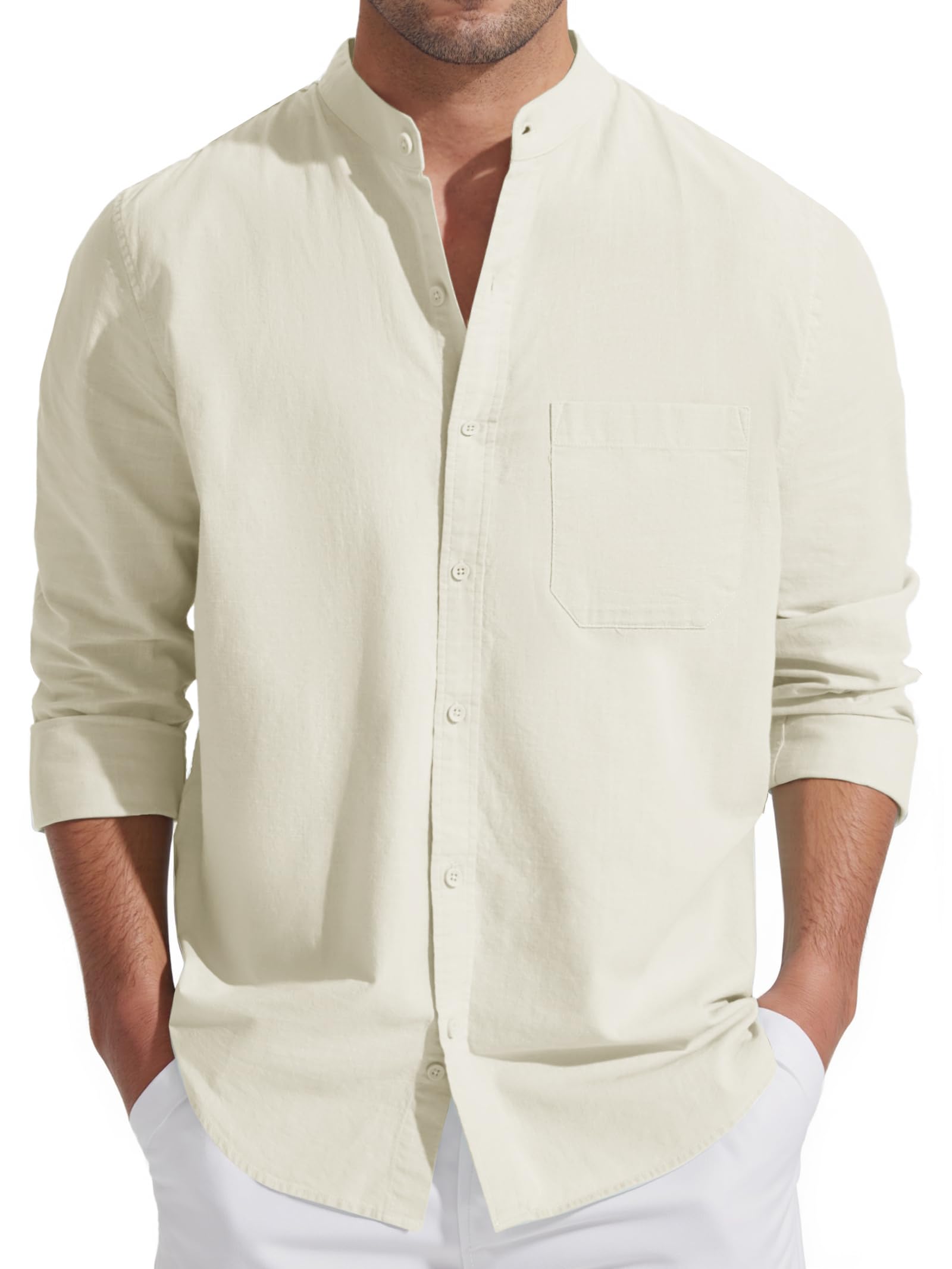 Friptspyg Herren Leinen Hemden Langarm Baumwolle Leinenhemd Stehkragen Sommer Hemd Regular Fit Freizeithemden Strand Hemden mit Tasche