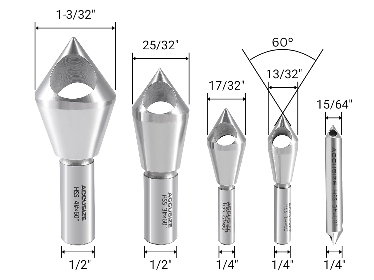 Accusize Industrial Tools 5 pc 60 Deg 0-Flute HSS Countersink & Deburring Tool Set, Pilotless Type, 0206-0460