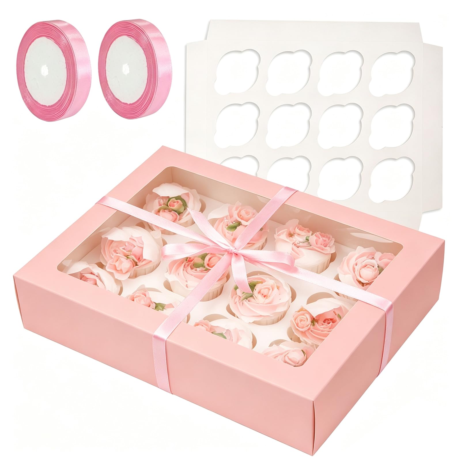 Bakepacker Auto-pop Up Cupcake Boxes with Window Pink 40PCS 12 Count