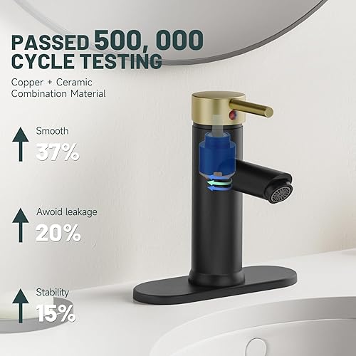 Miniatura 5 de Grifo de lavabo de baño negro y dorado, con una sola manija, un agujero, grifo de lavabo con placa de cubierta y línea de suministro, latón