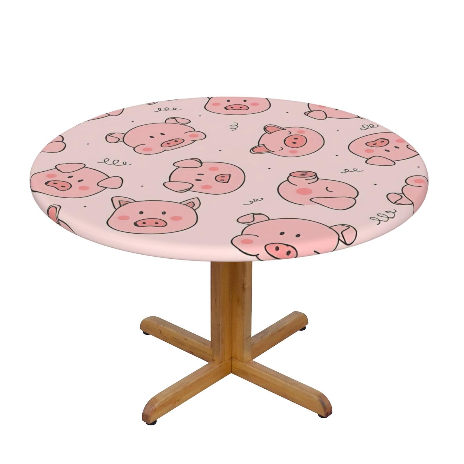 DUWAA Pink Cute Pig Print Oxford Fitted Table Cover For Patio Picnic, Waterproof Round Tablecloth For Home And Outdoor