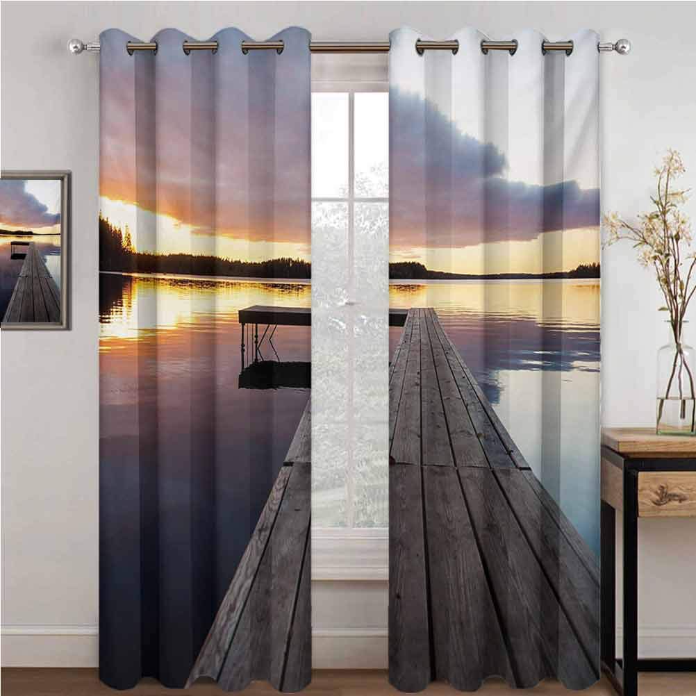 GUUVOR Landscape Shading Insulated Curtain Serenity Relaxing Themed Port Pier Wooden Rustic Image of Dawn Sunset in Lake Art for Living Room or Bedroom W84 x L108 Inch Multicolor