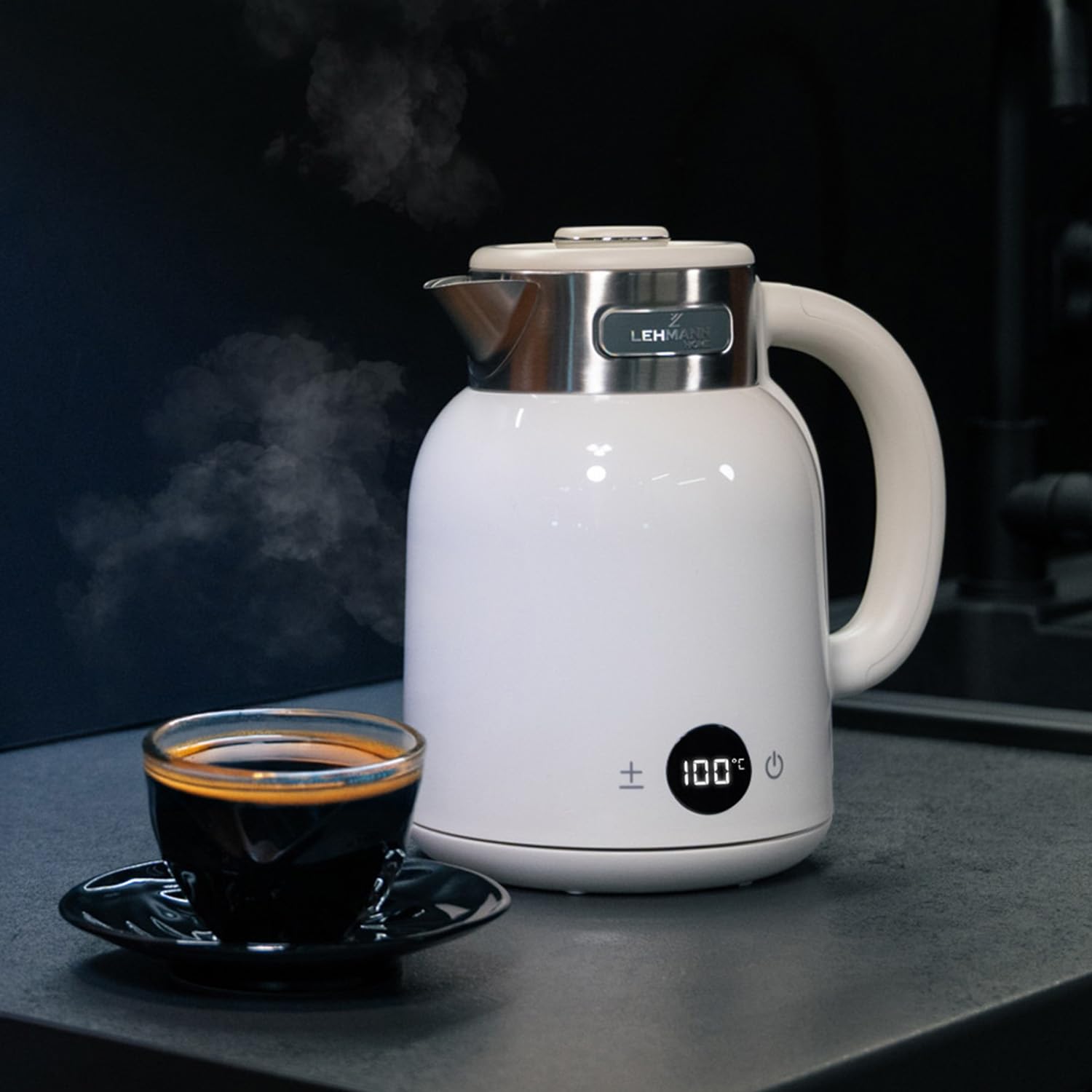 LEHMANN Bouilloire Électrique avec Temperature Réglable de 40-100°C, 1,5 L, 2200 W, Ebullition Rapide, Fonction de Maintien au Chaud, Écran LED, Acier Inoxydable, Arrêt Automatique, sans BPA