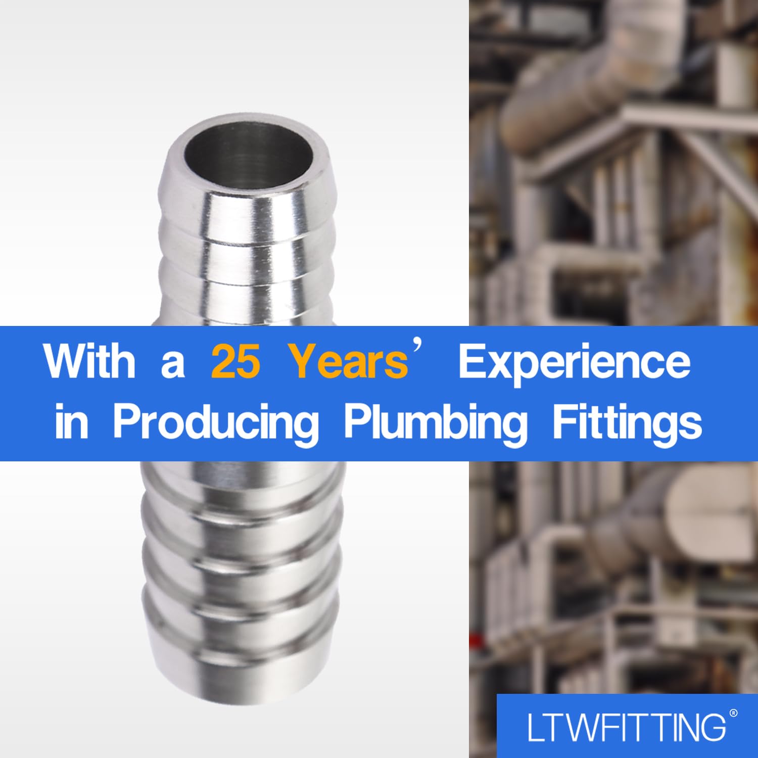 LTWFITTING Barre Production 5/8" tuyau ID x 1/2" tuyau ID Colleuse Barbillon Réparateur Raccord Réduire en Acier Inoxydable 316 de Tuyau (paquet de 25)
