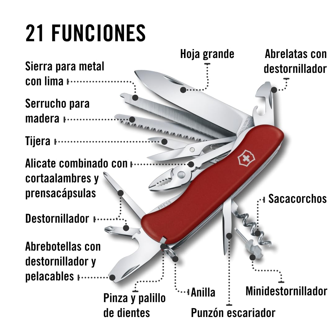 Victorinox Navaja suiza de bolsillo Work Champ, 21 funciones, multiherramienta con hoja bloqueable, alicate, sierra para metal, rojo