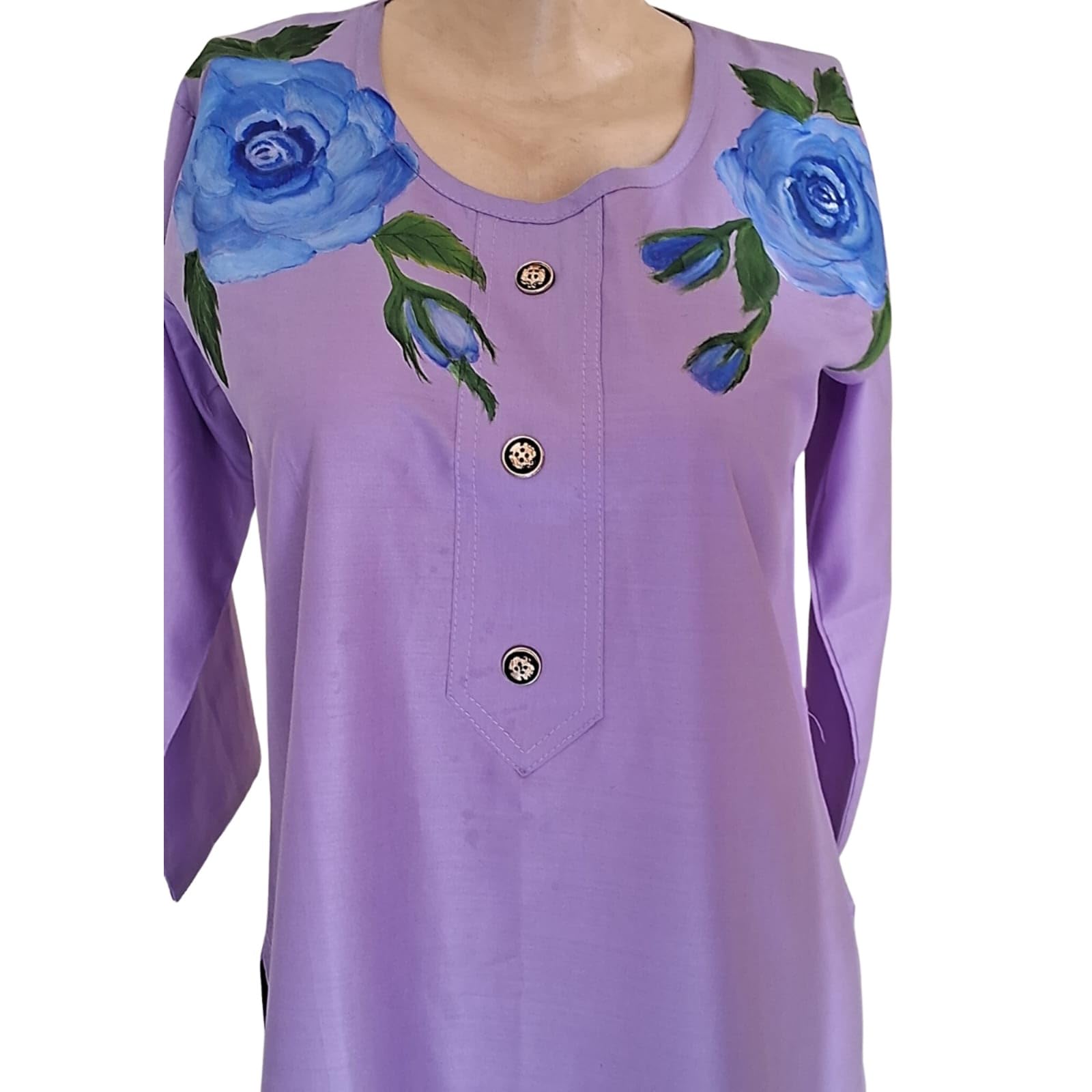Women's Purple Rayon Kurti with Hand-Painted Blue Rose Floral Design on Shoulders-image-28